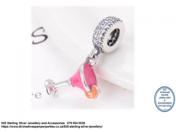 925 Sterling Silver  Enamel Detail Cocktail Glass Drink Dangle Charm. Pandora Compatible 