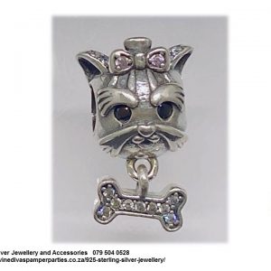 925 Sterling Silver Dog with Bone & Bow Cz Cubic Detail Charm Bead. Pandora Compatible