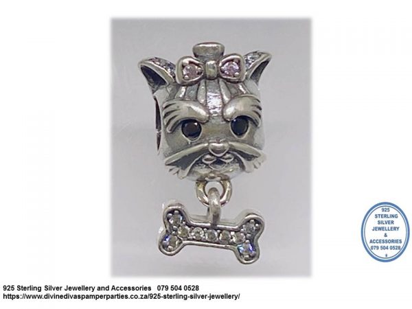 925 Sterling Silver Dog with Bone & Bow Cz Cubic Detail Charm Bead. Pandora Compatible