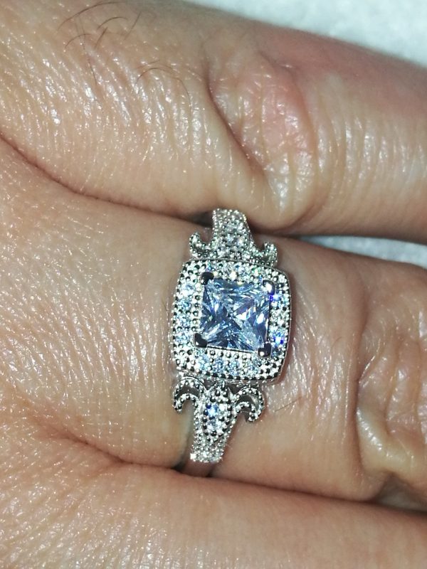 Square Halo with side Twirl detail 925 Sterling Silver Ring