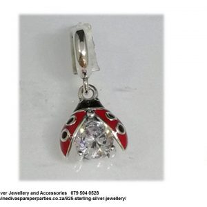925 Sterling Silver  Enamel and Cubic Detail LadyBug Dangle Charm. Pandora Compatible Lady bug