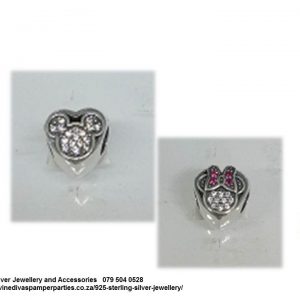 925 Sterling Silver  Mickey And Minnie Mouse Double Side CZ Cubic Detail  Charm Bead. Pandora Compatible