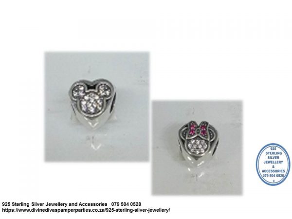 925 Sterling Silver  Mickey And Minnie Mouse Double Side CZ Cubic Detail  Charm Bead. Pandora Compatible