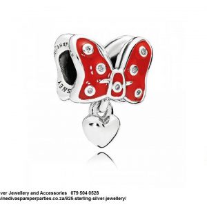 925 Sterling Silver Minnie Mouse Bow with  Red Enamel detail Charm Bead Dangle Heart. Pandora Compatible