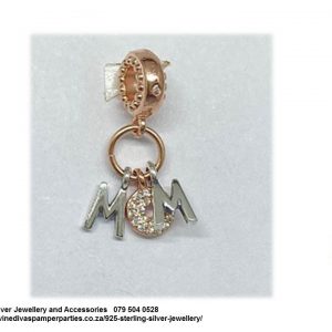 925 Sterling Silver Two Tone Mom Letters Detail Cz Dangle  3 Charm. Pandora Compatible 