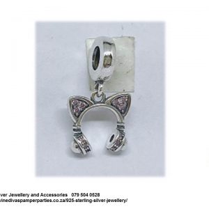 925 Sterling Silver  Dangle Minnie Mouse Head Phones Ears Pink Cz Charm. Pandora Compatible 