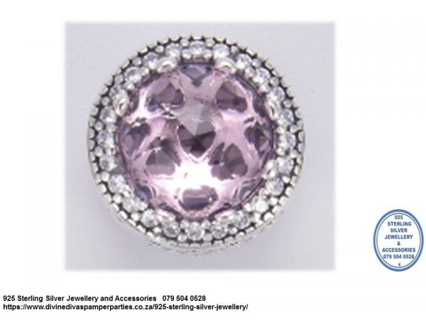 925 Sterling Silver Pink  Cubic cz Detail  Charm Bead. Pandora Compatible 
