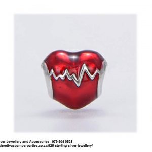 925 Sterling Silver  Red Enamel Heart Beat Charm Bead. Pandora Compatible 