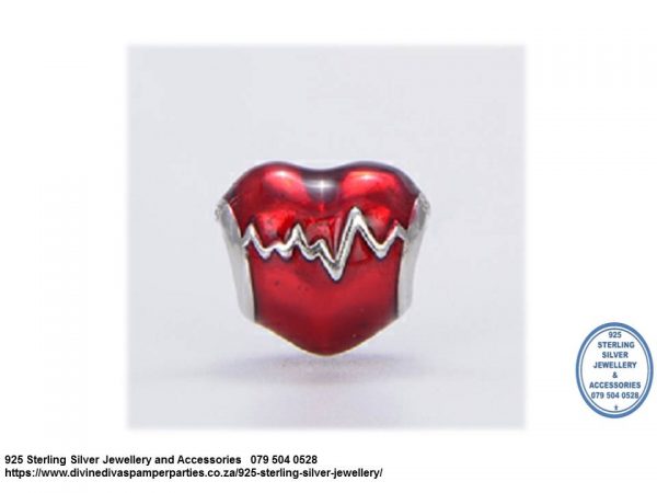 925 Sterling Silver  Red Enamel Heart Beat Charm Bead. Pandora Compatible 