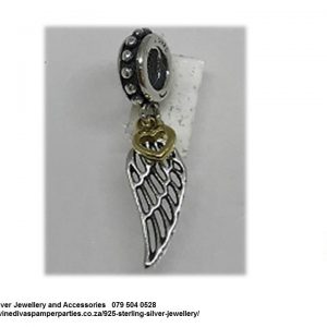 925 Sterling Silver Angel Wing Dangle  Charm. Gold Plated Heart.  Pandora Compatible 