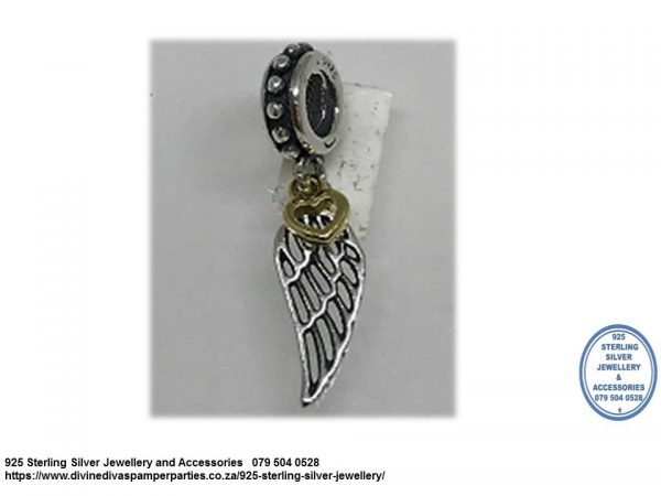 925 Sterling Silver Angel Wing Dangle  Charm. Gold Plated Heart.  Pandora Compatible 