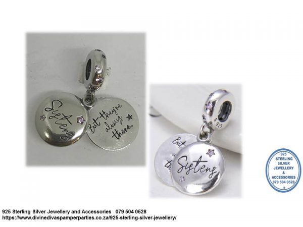 925 Sterling Silver  Sisters Detail Double Dangle Charm. Pandora Compatible 