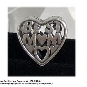 925 Sterling Silver Best Mom Heart  Charm Bead. Pandora Compatible.