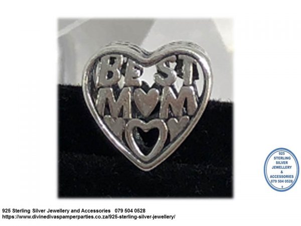 925 Sterling Silver Best Mom Heart  Charm Bead. Pandora Compatible.
