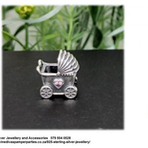 925 Sterling Silver Baby Pram Stroller Charm Bead Cz. Pandora Compatible