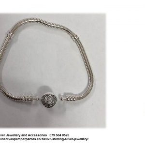 925 Sterling Silver Snake Round Cubic Clip  Chain Bracelet for Charms. Pandora Compatible