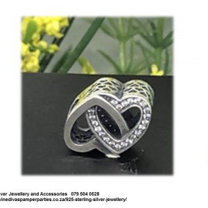 925 Sterling Silver Free Hand Hearts Intertwined Cz Cubic Detail Charm Bead. Pandora Compatible