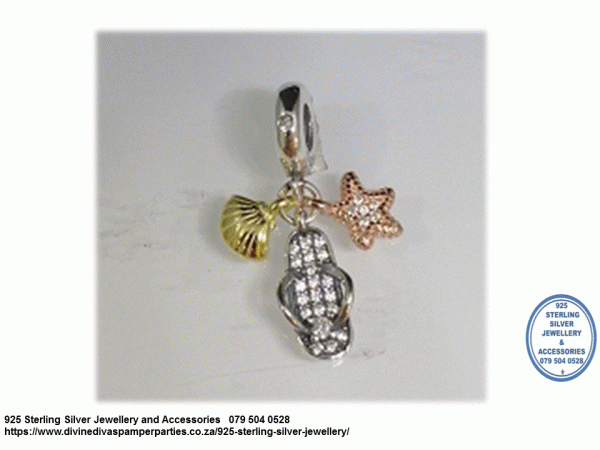 925 Sterling Silver Tripple Dangle Beach Fun Summer Flip flop Starfish Shell Charm Bead. Pandora Compatible