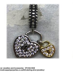 925 sterling Silver Double Dangle  Two Two Tone Padlocks cz detailed charm . Pandora Compatible