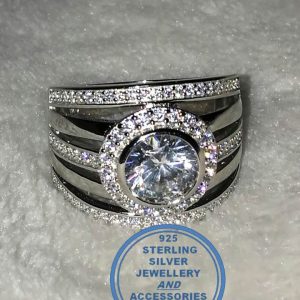 "925 Sterling Silver Statement Ring with large round halo and 5 bands of which 3 with cubics all as 1 ring"