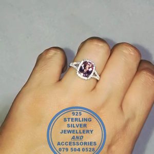 "925 Sterling Silver Ring with rectangular Morganite  and Cubics"