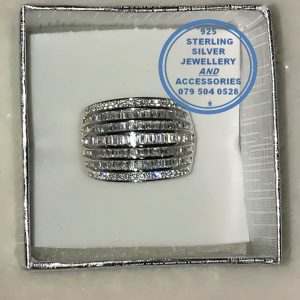 925 Sterling Silver Ring with Showstopper baguette cubics in 5 rows with round cubic rows on sides