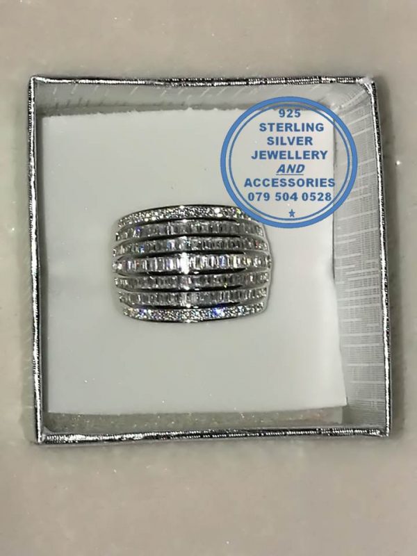 925 Sterling Silver Ring with Showstopper baguette cubics in 5 rows with round cubic rows on sides