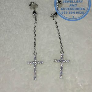"925 Sterling Silver Earring dangle cross with cubic detail on chain"