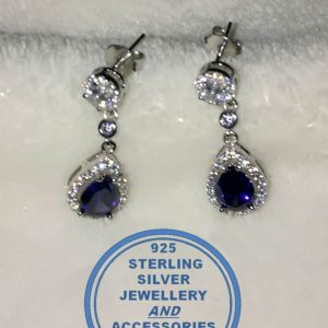 "925 Sterling Silver Dangle Earring with Blue Teardrop Dangle Cubic surrounded with clear cubics on a clear round cubic stud"