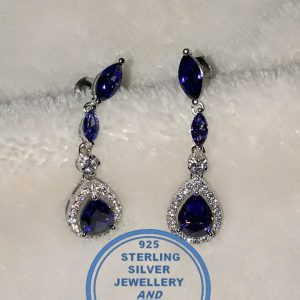 "925 Sterling Silver Dangle Showstopper earring with blue teardrop and 2 smaller leave shape blue with clear cubic detail"