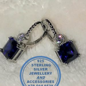 "925 Sterling Silver Earring with square blue cubic with clip"