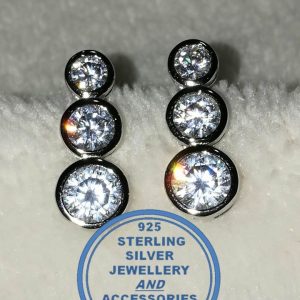 "925 Sterling Silver Drop down 3 round cubics in down column setting Studs"