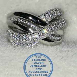 925 Sterling Silver Ring with cross over cubic detail. 5 bands crossing over as 1 Ring. A Statement Bold Showstopper Ring.