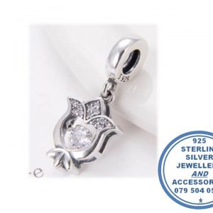925 Sterling Silver Dangle Tulip Charm with moving cubic center. Pandora Compatible