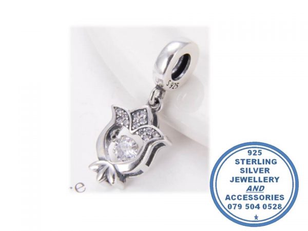 925 Sterling Silver Dangle Tulip Charm with moving cubic center. Pandora Compatible