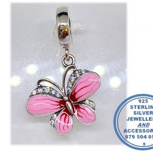 "925 Sterling Silver Stunning Pink Enamel and Cubic CZ Butterfly Dangle Charm. Pandora Compatible."