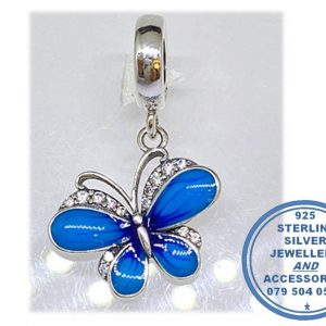 "925 Sterling Silver Stunning Blue Enamel and Cubic CZ Butterfly Dangle Charm. Pandora Compatible."