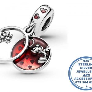 "925 Sterling Silver Minnie and Mickey Kiss Pandora Compatible Dangle Charm"