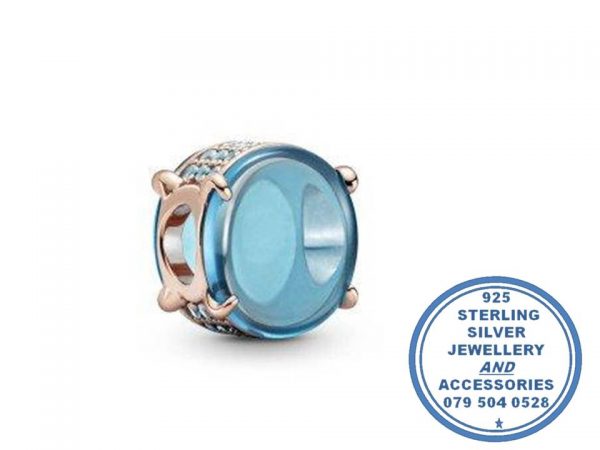 "Rose Gold PLATED Blue Oval Cabochon Pandora Compatible Bead Charm"