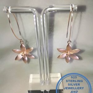 925 Sterling Silver Rose Gold Plated Double Hanging Big Flower Earrings. Hook in
