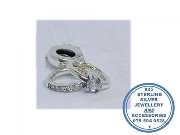 "925 Sterling Silver  Dangle Charm. His and Hers Wedding Ring Set,.Pandora Compatible"