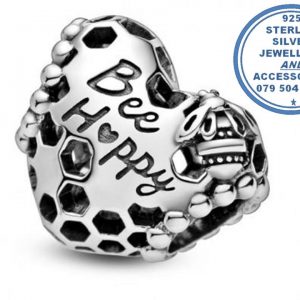 "925 Sterling Silver Bee Happy Heart Pandora Compatible Bead Charm"