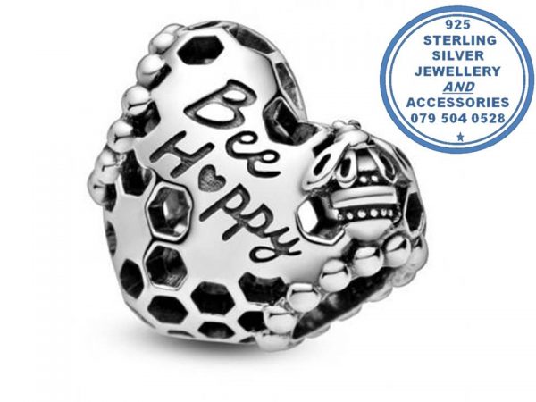 "925 Sterling Silver Bee Happy Heart Pandora Compatible Bead Charm"