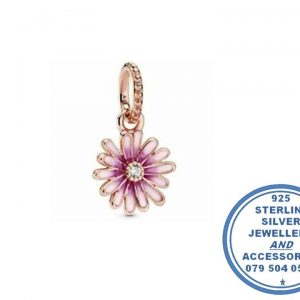 "925 Sterling Silver Rose Gold Plated Dangle PINK Enamel Daisy Pandora Compatible Dangle Charm"