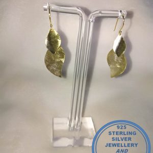 925 sterling Silver Gold Plated Double Hanging Leave Earrings. Hook in