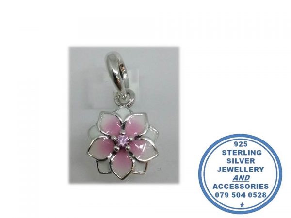 "925 sterling Silver Dangle Magnolia Enamel Pink White Flower Charm. Pandora Compatible"