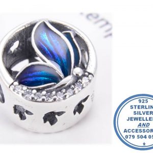 "925 Sterling Silver Large Circle Bead Blue Butterfly Enamel and Cubic Charm Bead. Pandora Compatible"