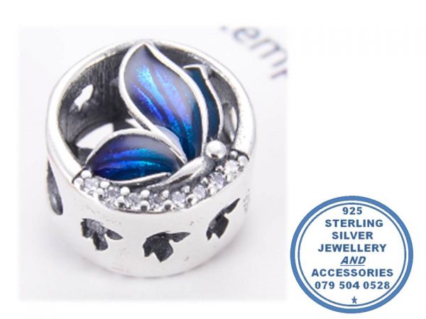 "925 Sterling Silver Large Circle Bead Blue Butterfly Enamel and Cubic Charm Bead. Pandora Compatible"