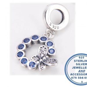 "925 Sterling Silver Blue Cubic with Stunning Butterfly Dangle Charm. Pandora Compatible."