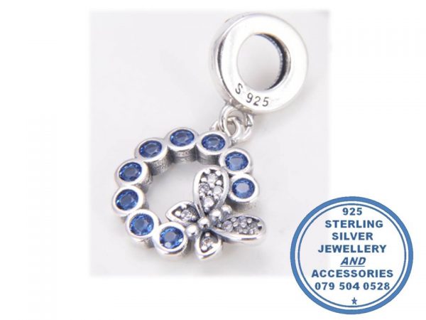 "925 Sterling Silver Blue Cubic with Stunning Butterfly Dangle Charm. Pandora Compatible."